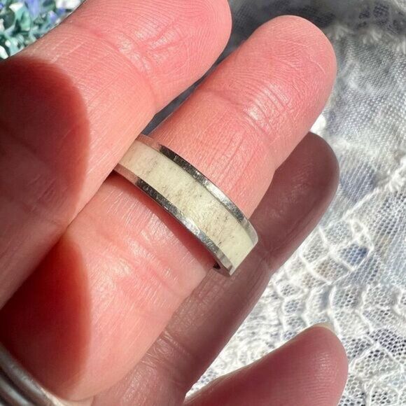 Woodsman Deer Antler Inlay Platinum Band Ring Unisex 8.75 - Picture 5 of 11